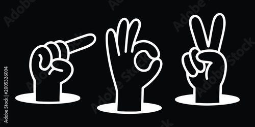 Three hands with different gestures on black background