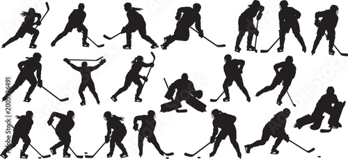 silhouette vector illustrations of various ice hockey players in action poses,