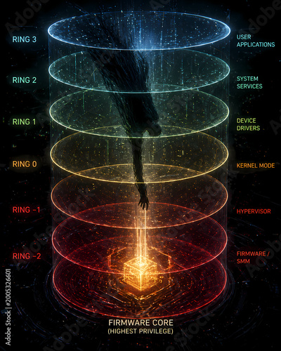 A conceptual visualization of computing privilege levels. Infographics.