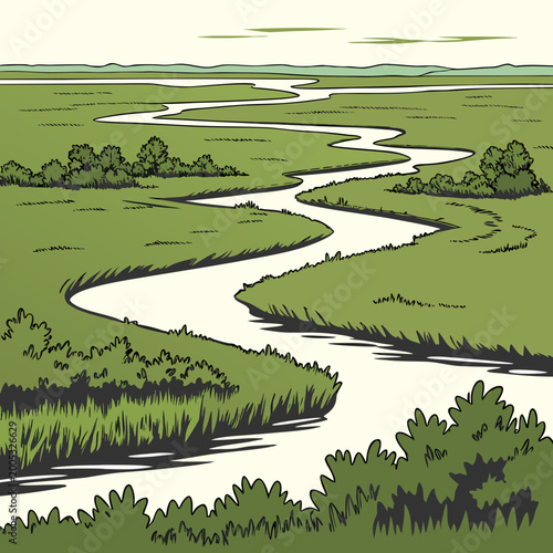 winding river landscape aerial view illustration in green tones high quality