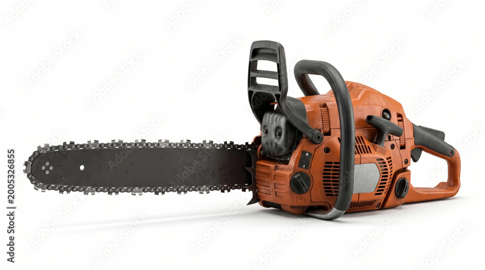 Naklejka premium Heavy Duty Chainsaw Machine on White Background, Professional Industrial Cutting Tool