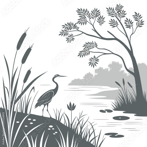 Wetland scene with heron trees and lake in silhouette style