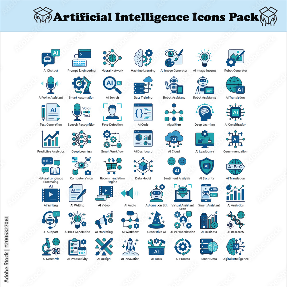 Obraz premium Artificial Intelligence Icons Pack – 56 AI Tools Vector Set