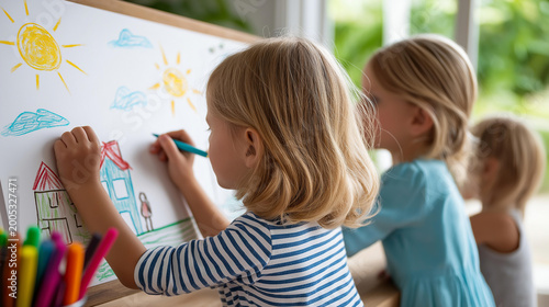 Overhead view of children's drawings pinned to a board showing suns, houses and stick figures, school art concept, children's creative expression, kids day at school, with copy space