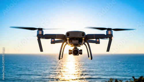 A drone hovers above the ocean during sunset, capturing stunning views. The drone is positioned to emphasize the horizon and waves in the tranquil scene.