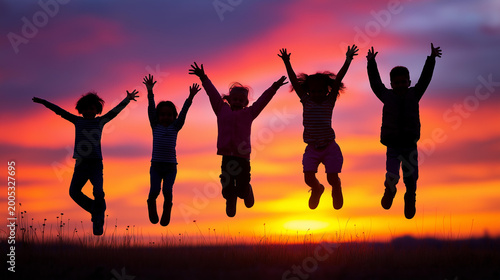 Silhouettes of children jumping with arms spread against a vibrant sunset sky in an open field, world children's day concept, energetic childhood, joyful outdoor freedom, with copy space