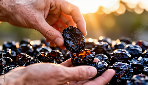 A man's hands hold shiny dried plums while examining them. The warm sunlight highlights the glossy surface of the dried plums in the background.