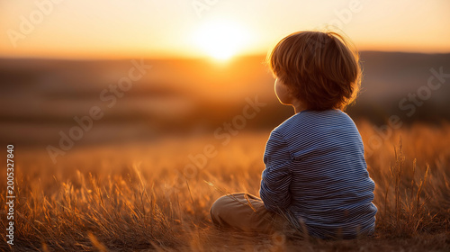 Rear view of a child alone in a field at sunset looking at the horizon, dreamlike childhood concept, wonder and imagination, world children's day, defocused background, with copy space