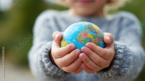 Close-up of child hands holding a small paper globe with colorful continents, world awareness concept, children's day education, young global citizens, defocused background, with copy space