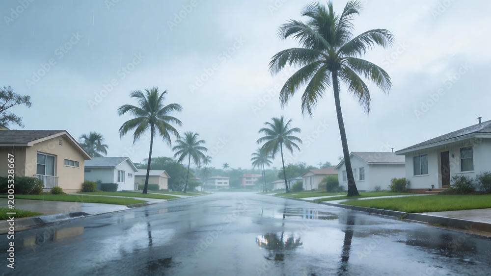 Obraz premium Rainy street with palm trees and houses