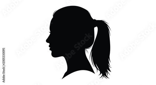 Fotografie woman s head silhouette with ponytail black profile against a white background h
