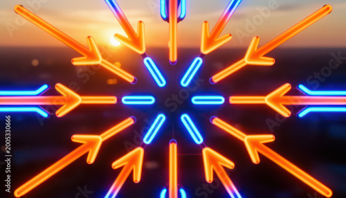 Bright neon arrows radiate outwards in a starburst pattern against a soft sunset backdrop. The vibrant neon colors create a striking visual contrast at dusk.