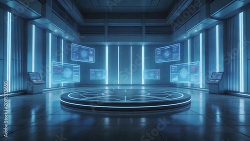 Futuristic control room with holographic displays