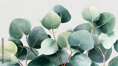 Botanical wall art with eucalyptus leaves, soft green tones, watercolor style, minimalist background, printable design.
