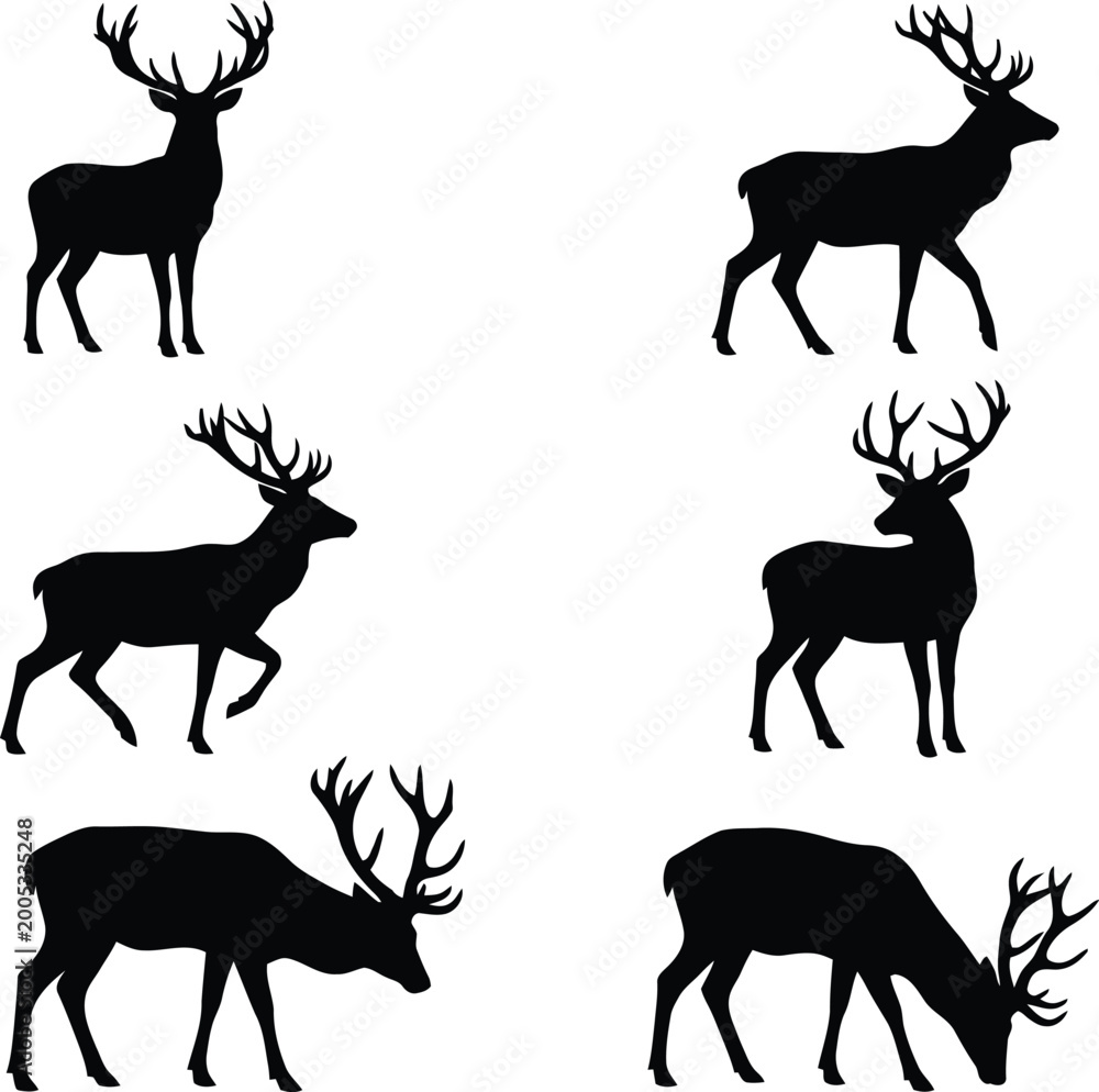 Fototapeta premium A striking vector illustration showcasing a collection of majestic deer silhouettes in various poses and styles.