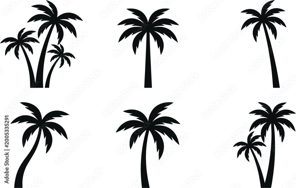 Fototapeta premium A diverse collection of black silhouette palm tree vector illustrations, showcasing various unique shapes and groupings, perfect for tropical, beach, or summer graphic design elements.