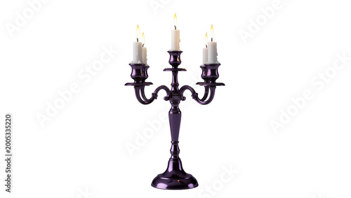 Foto Purple metallic five-arm candelabra with lit wax candles