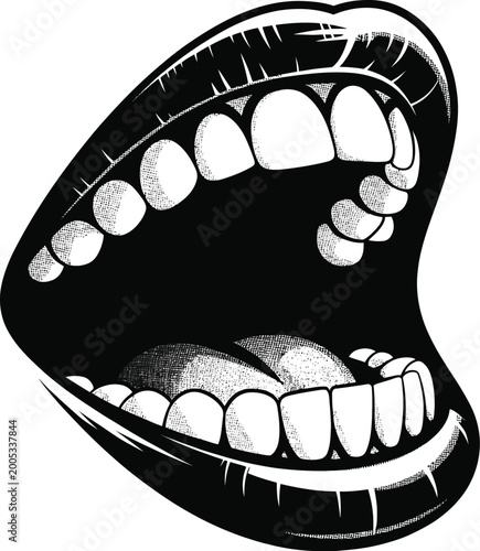 Stylized Open Mouth Vector Art - Comic Style Lips and Teeth Illustration in Black and White