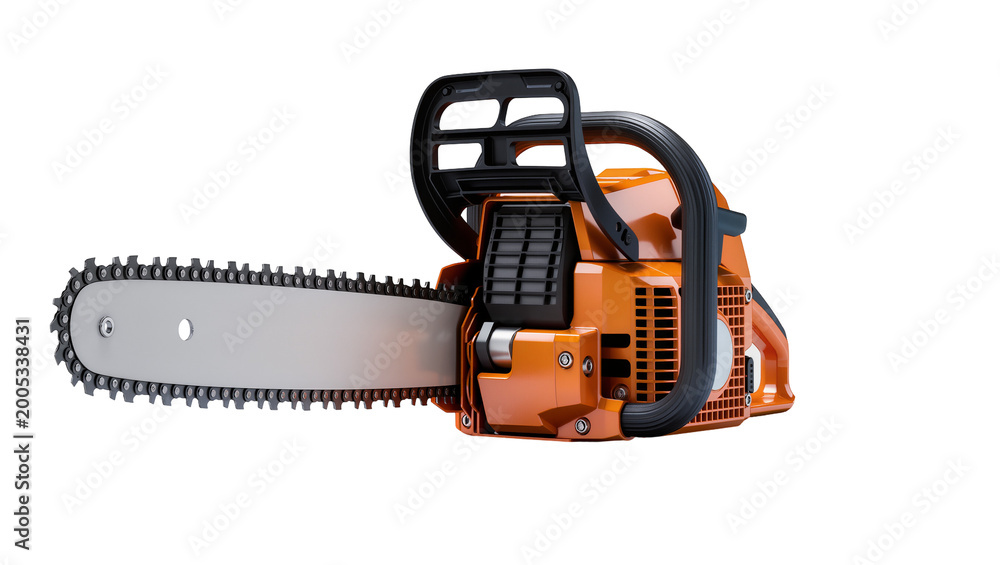 Fototapeta premium Orange Gasoline Powered Chainsaw with Metal Chain and Black Handles