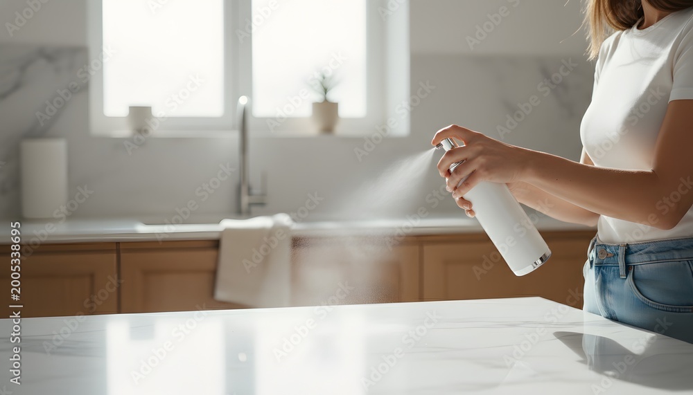 Fototapeta premium Young woman spraying disinfectant mist on a marble kitchen countertop for a hygiene and home safety concept in a bright modern kitchen environment