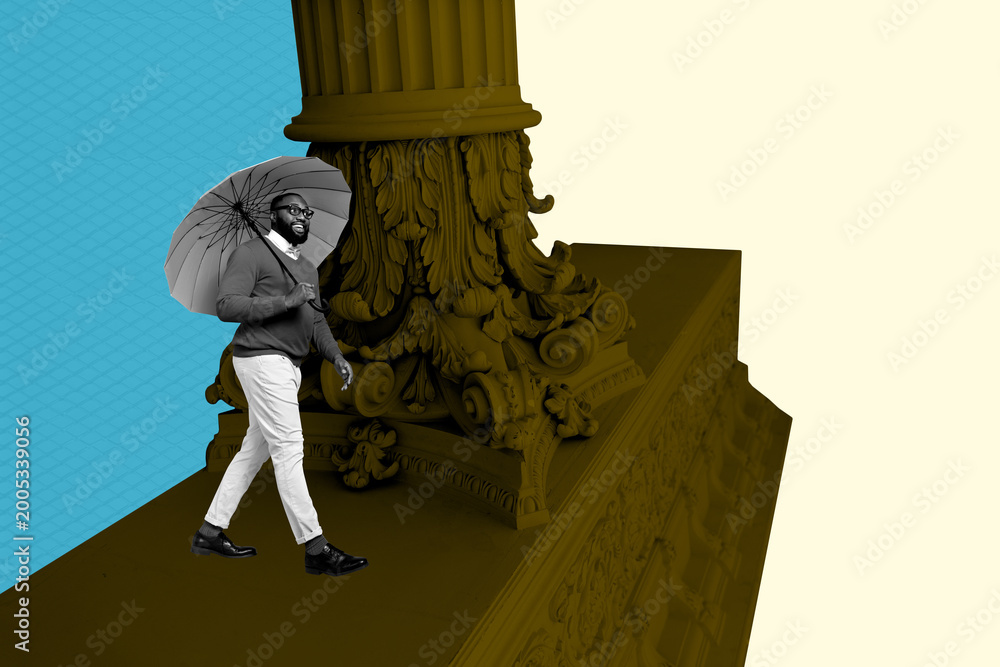 Naklejka premium 3d sketch image full art collage of happy girl guy stand indoor museum column art gallery exhibition ancient history hobby