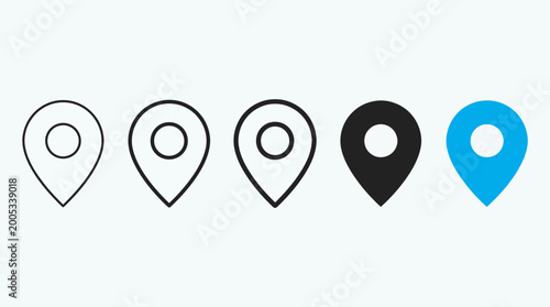 Five location pin icons in varying styles used as map markers for navigation and geolocation concepts