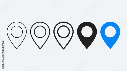 Five location pin icons in varying styles (outline, filled, blue) for map markers, geolocation, and navigation; a vector icon set.
