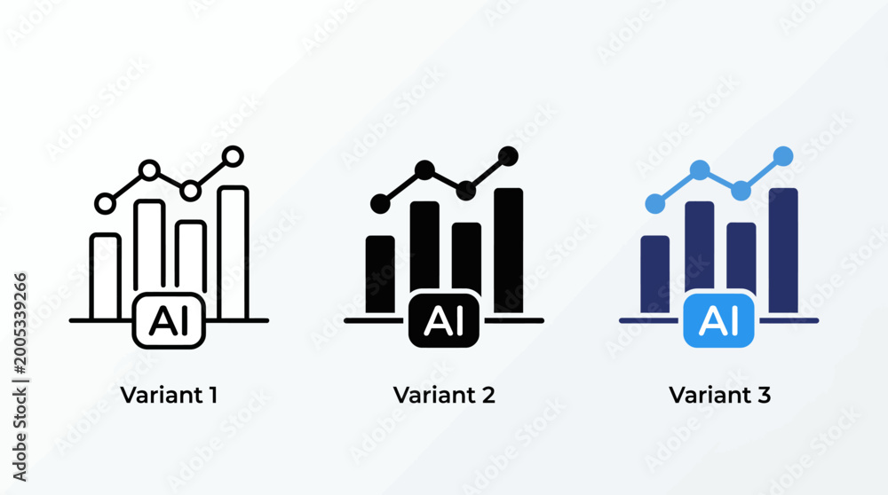 Fototapeta premium Three AI-powered bar chart illustrations (Variant 1, Variant 2, Variant 3) showcasing data visualization and analytics