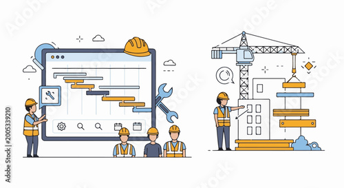 Construction project management with Gantt chart and building site