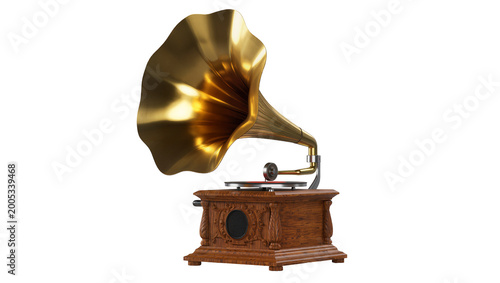 Vintage golden gramophone with wooden cabinet and turntable