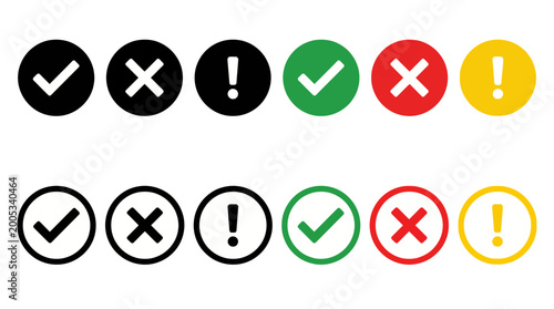 Set of circular status icons showing check, cross, and exclamation marks in black and colored variants for UI design, alerts, and validation.
