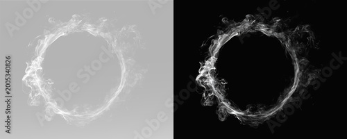 Foto Realistic white smoke ring with turbulent vapor swirls and thick mist texture