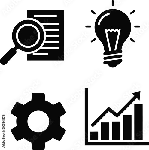Canvastavla Business and finance symbols magnifying glass document lightbulb gear graph grow