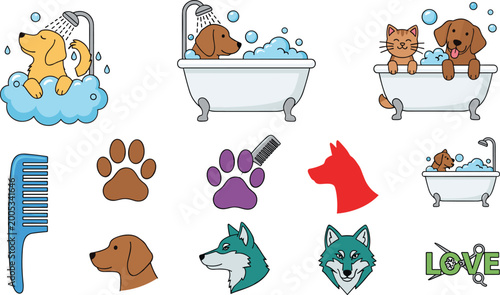 Pet Grooming Icon Set Featuring Dogs and Cats in Bathtubs with Soap Bubbles, Shower Heads, Brushes, Paw Prints, and Professional Salon Equipment Symbols for Veterinary Care