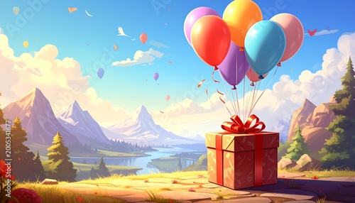 Cheerful balloons lift a gift over a scenic landscape