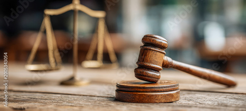 Wooden gavel rests on a circular block next to a set of scales on a table in a courtroom setting
