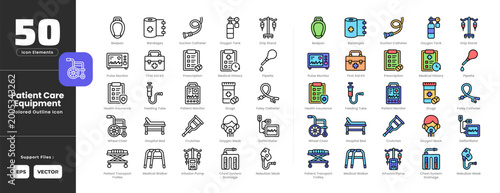 Patient care equipment icon set collection - colored outline line art style. Containing bandage, bedpan, chest pain drainage, crutches, defibrillator, drip stand, drugs, feeding tube, first aid kit.
