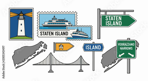 Collection of iconic landmarks and signage representing a coastal island