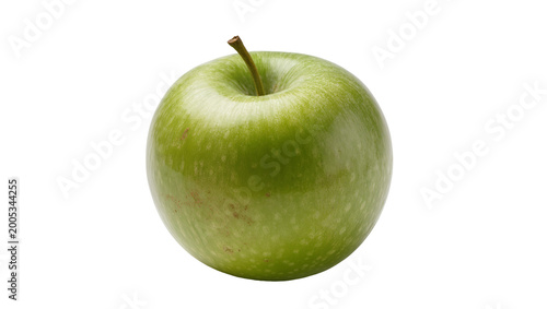 Schilderij op canvas Green speckled apple with stem and brown calyx