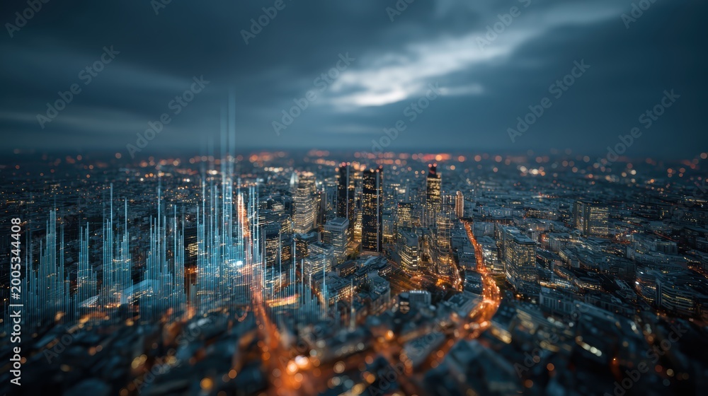 Obraz premium Futuristic city skyline with glowing data streams at night