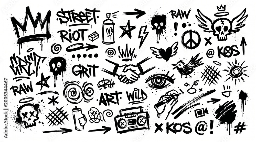 Naklejka premium Urban street art design elements with graffiti tags and graphic symbols.