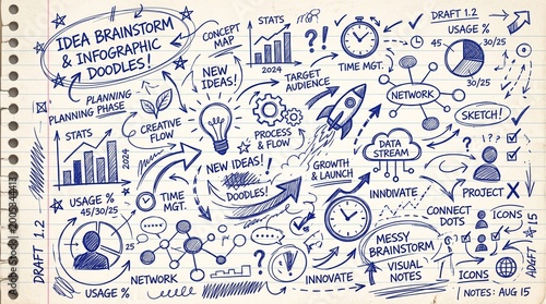 Business brainstorm infographic doodles and creative planning elements.