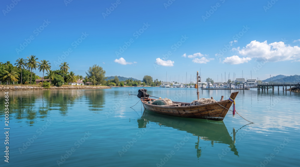 Obraz premium Traditional wooden longtail boat anchored in a tropical marina. Bright daylight, blue water, and modern yachts in the background. Wide shot suitable for travel and tourism marketing.