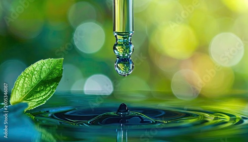 Close up of pipette dispensing water drops leaf and bokeh background
