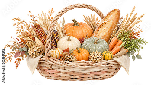 Rustic wicker harvest basket filled with pumpkins bread corn and autumn grains