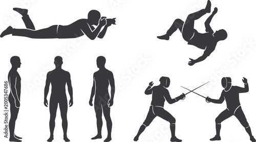 Fotografía Human silhouette set featuring photographer fencing athletes falling figure and