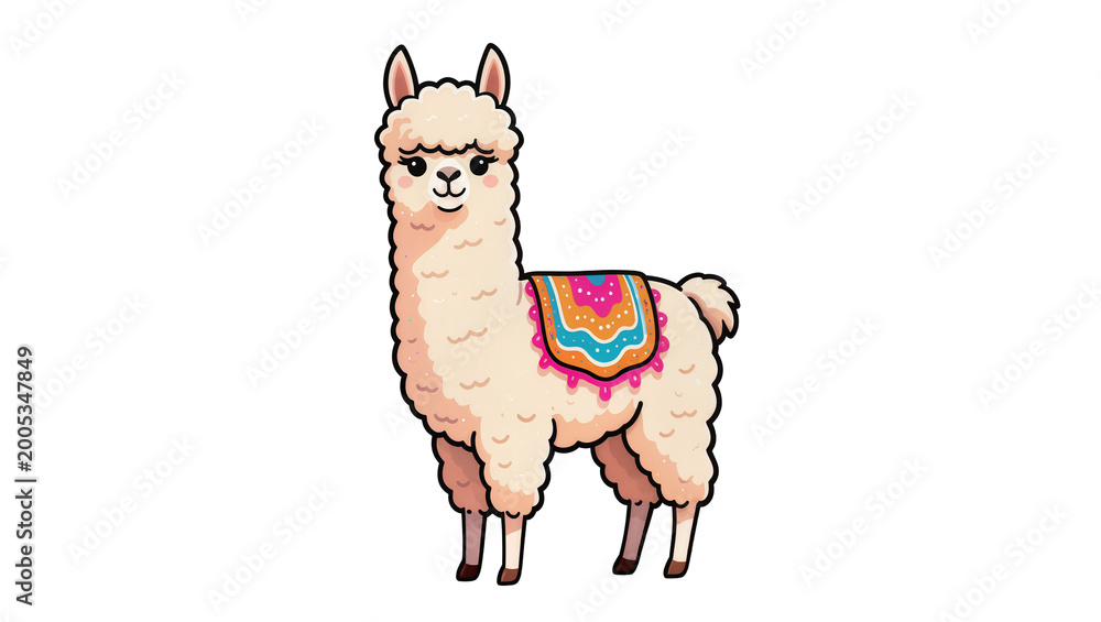 Fototapeta premium Cute fluffy Alpaca with colorful saddle blanket standing