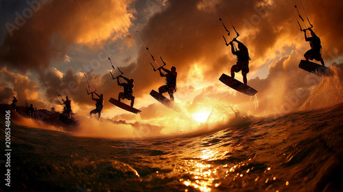 Kitesurfing Festival Action Unfolds at Sunset Over Ocean Waves with Athletes