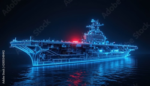 Detailed Blue Neon Illustration of an Aircraft Carrier on the Water