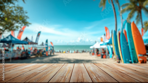 Vibrant Kitesurfing Festival on a Sunny Beach with Surfboards and Palm Trees